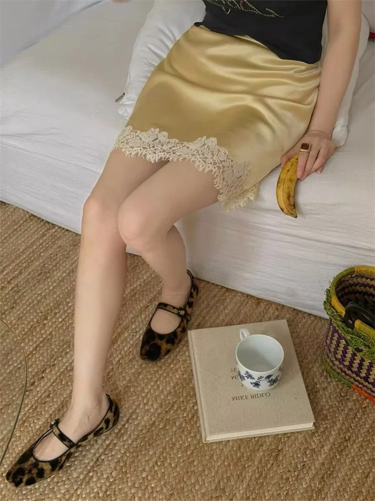الرجعية الدانتيل المرقعة عالية الخصر Bodycon ort تنورة الصيف خمر Sle المرأة Faion خلات الساتان f-طول تنورة