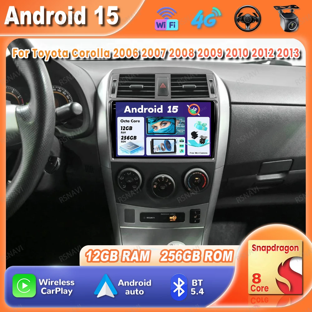 

Автомобильное радио Android 15 для Toyota Corolla 2006 2007 2008 2009 2010 2012 2013, беспроводной Carplay Auto BT, мультимедиа 5G, WIFI, GPS DVD