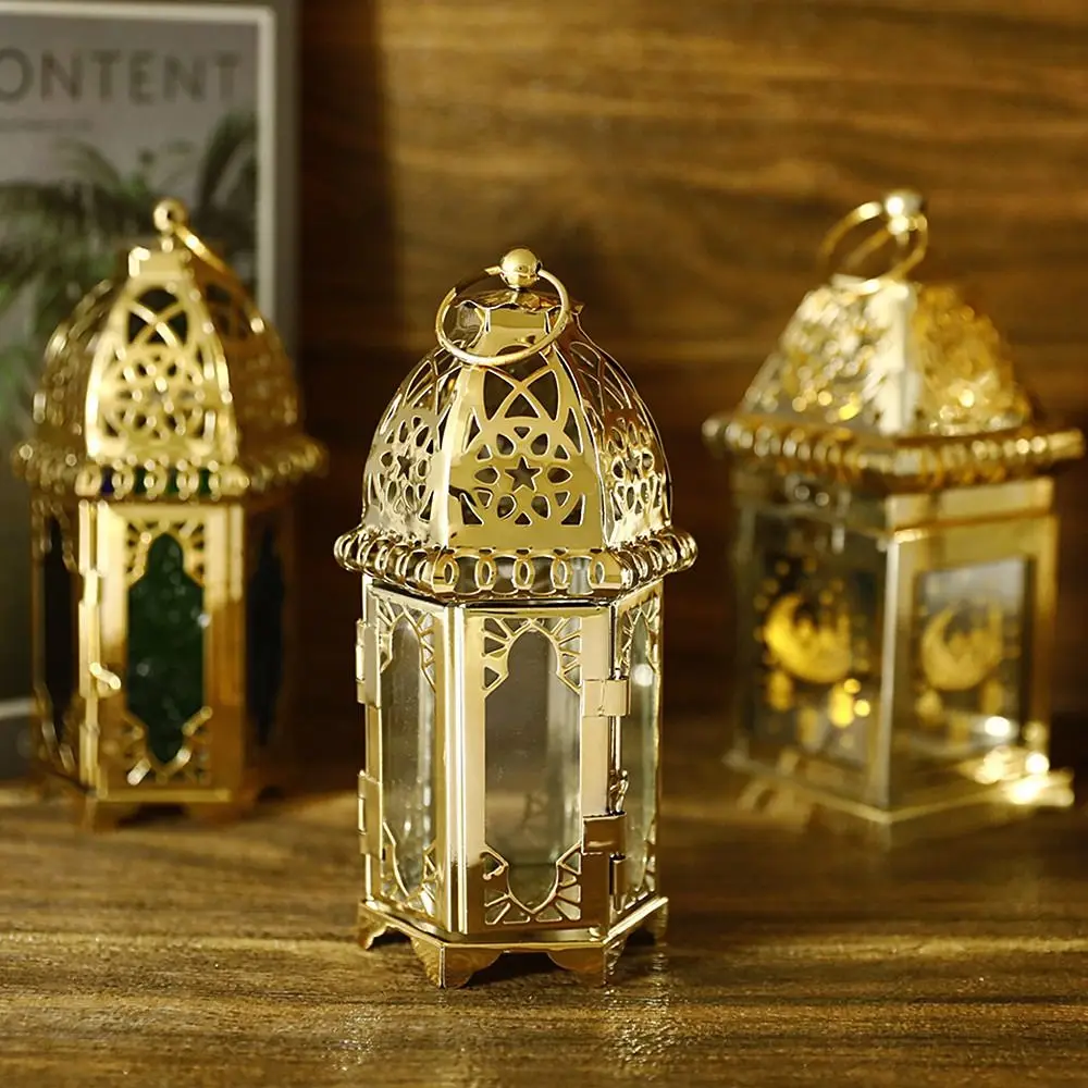 Gold European Castle Candlestick Vintage Hanging Candle Holder Moroccan Glass Candle Lantern Wedding Home Decor Ornaments