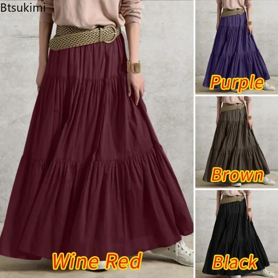 

2025 Fashion Pleated Vintage Skirts Women's Ruffles Hem Solid Casual Loose Dress Elastic Waist Long Skirt Oversize Women Bottoms