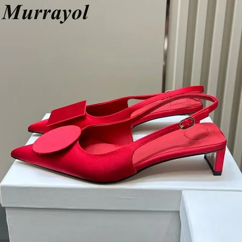 Pumps Satin Pointed Toe Closed Toe Shallow Mouth Sandalias Mujer Women Solid Color Low Heels Sandals Summer Party Dress Shoes