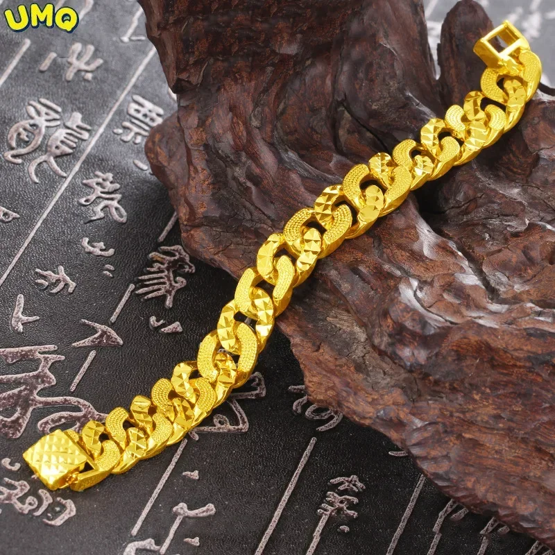 

Vintage Luxury 100% 24k 999 gold color Cuban link plated pure 18K gold bracelets hip hop men bracelet & bangle male accessor