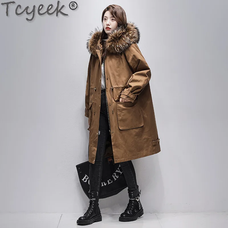 

Tcyeek Winter Rex Rabbit Fur Liner Detachable Parka Womens Long Fur Coat 2023 Fashion Women Clothing Warm Raccoon Fur Collar