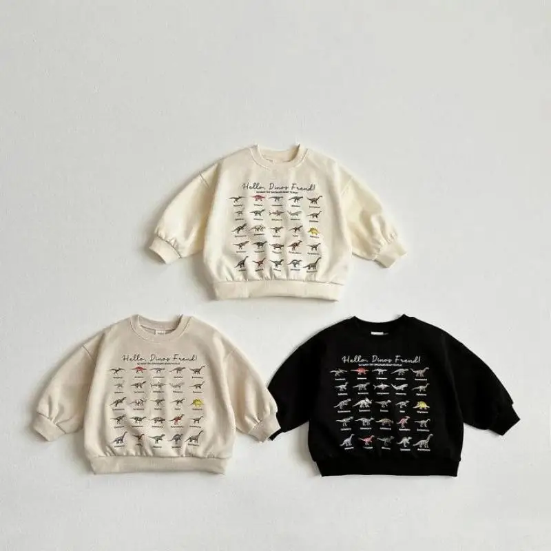 2026 Autumn New Children Long Sleeve Casual Sweatshirt Boys Girls Fashion Dinosaur Print Pullover Loose Kids Sweatshirt