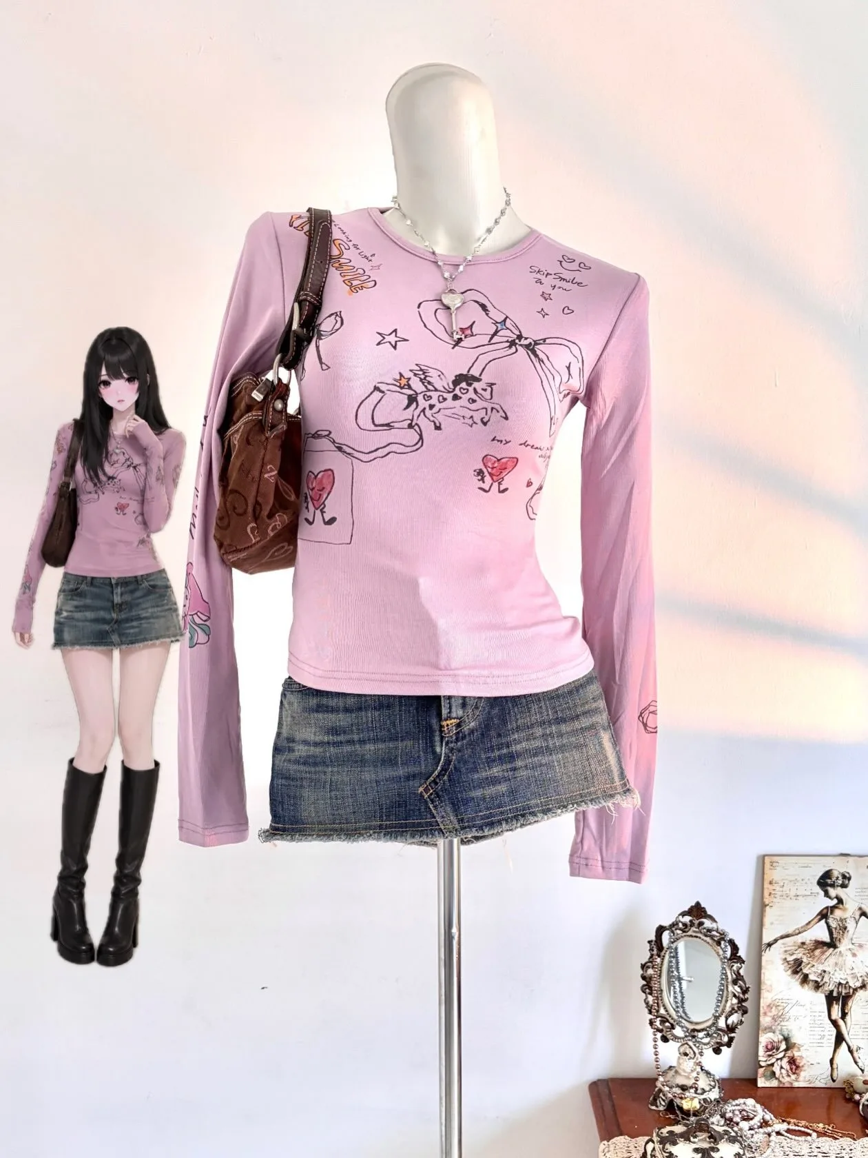 Coquette Y2K Women Round Neck Graffiti Print Tee Heart Angel Pattern Long Sleeve Slim Purple Vintage Fitted Casual Top ****