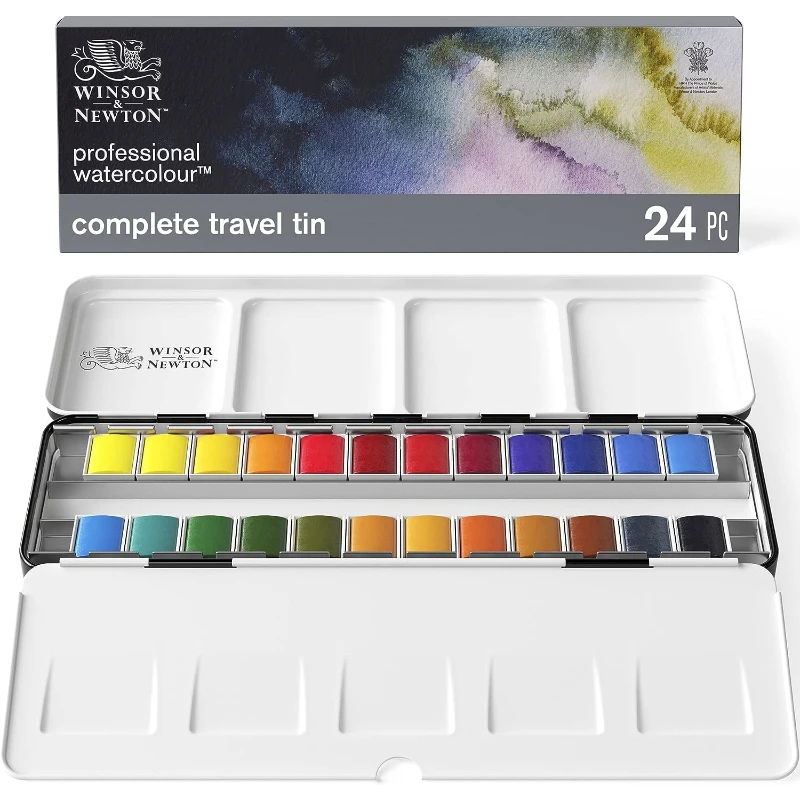 Winsor&Newton - Juego de Acuarelas Profesionales para Artistas, Caja Metálica Ligera con 24 Medias Pastillas, Paleta de Bolsillo, Materiales de Arte