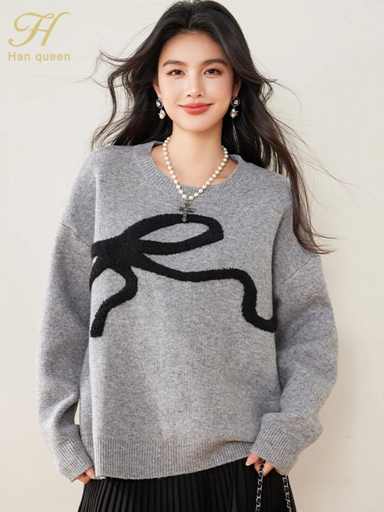 H Han Queen Autumn Winter Bow Grey Women Sweater Vintage Basic Solid Knitted Casual Pullover Korean Sweaters Simple Chic Jumpers