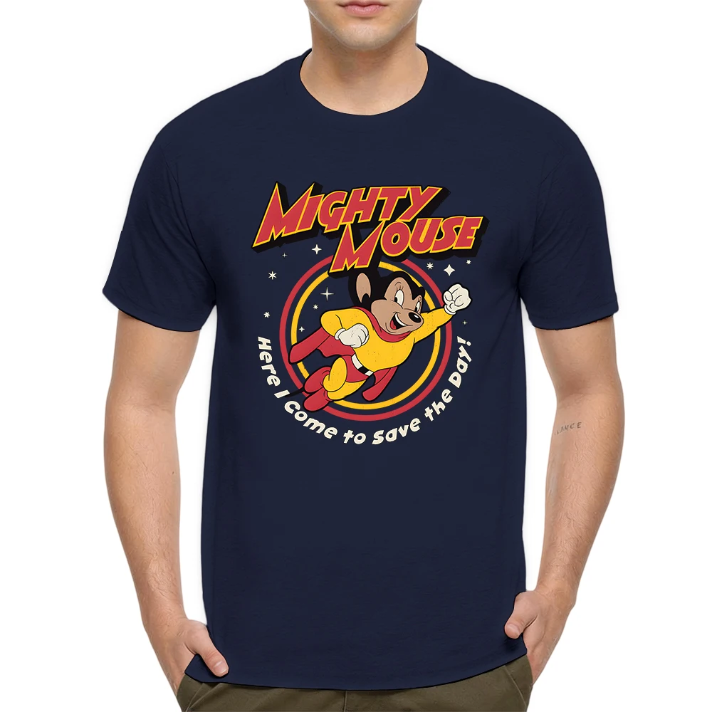 New Summer Mens 100% Cotton T Shirt Mighty Mouse Retro Classic Cartoon Vintage Hero Print Breathable Short Sleeve Daily Wear
