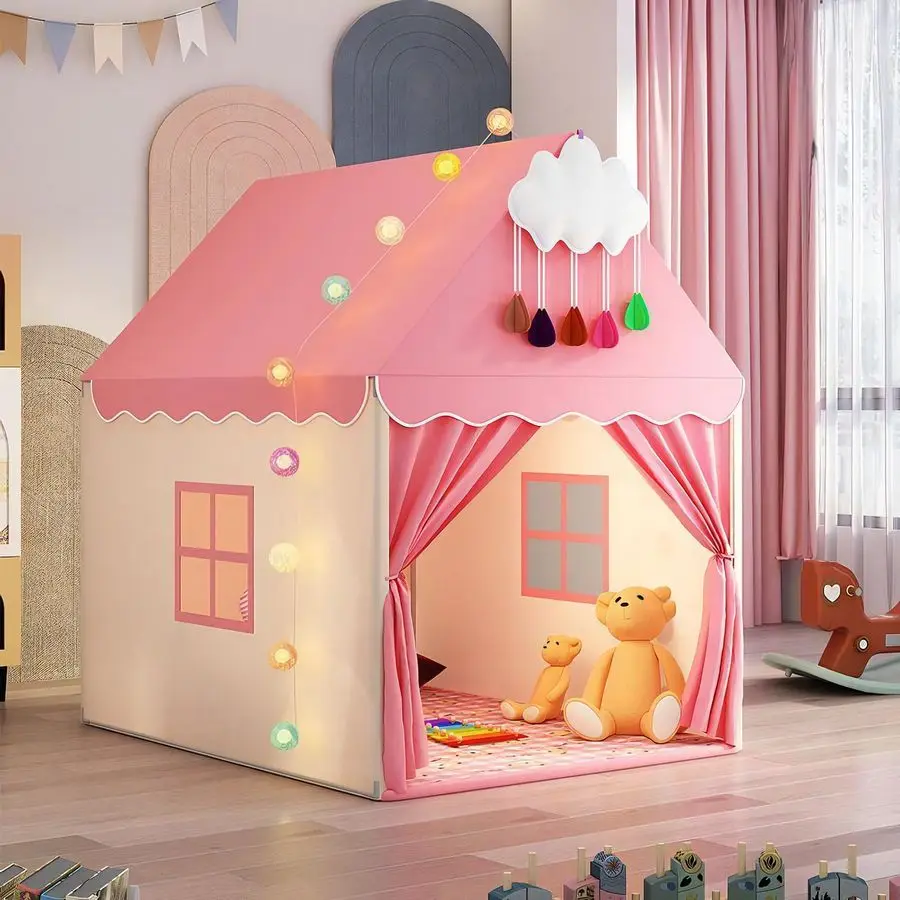 Kinderspeeltent met mat, wolken- en balverlichting Groot speelhuisje voor kinderen en meisjes Prinsessenkasteeltent voor bed Binnenversterker Ou