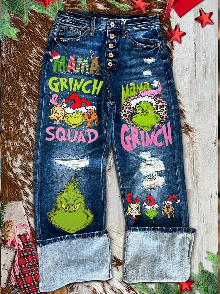 Fun Christmas Print Ripped High Waist Jeans