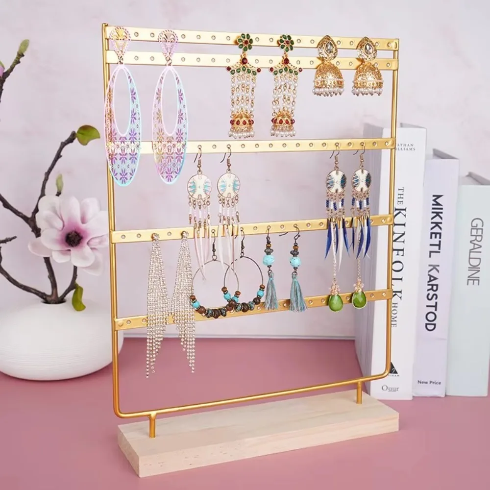 Metal Earring Display Holder 110 Holes 5-Tiers Jewelry Storage Rack Tree Design Wooden Base Ear Stud Rack Home Organization