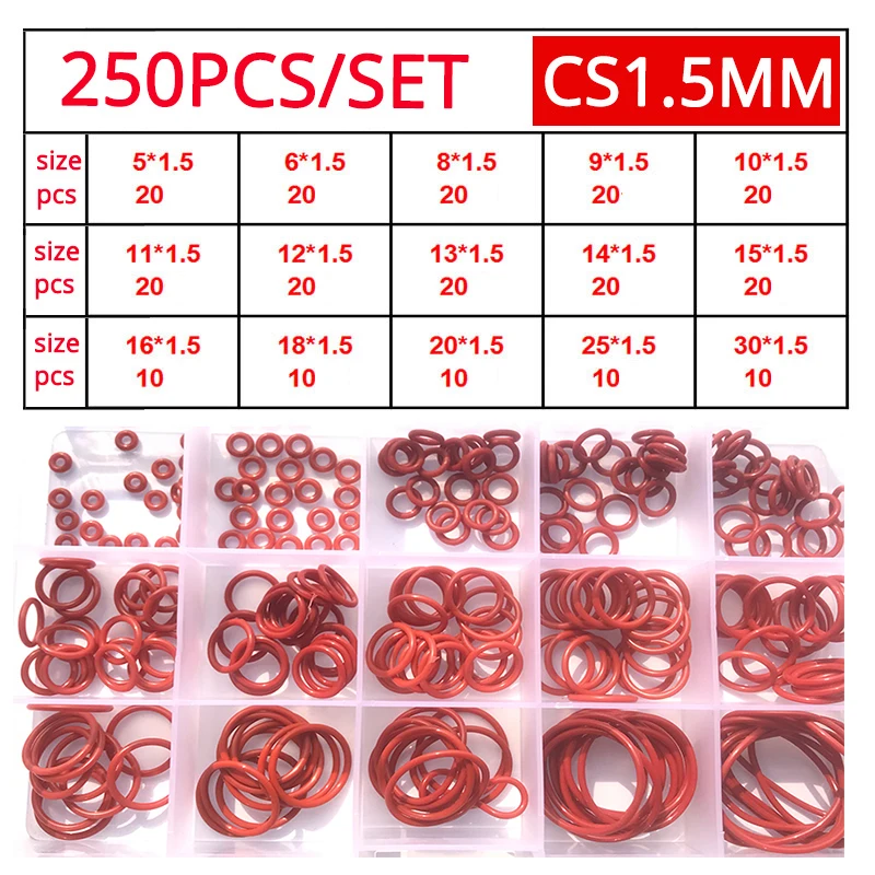 Red Silicone O Rings 250-100Pcs O-Rings Red Silicone VMQ Seal Sealing O-Rings Silicon Washer Rubber O-Ring Assortment Kit Set image 3