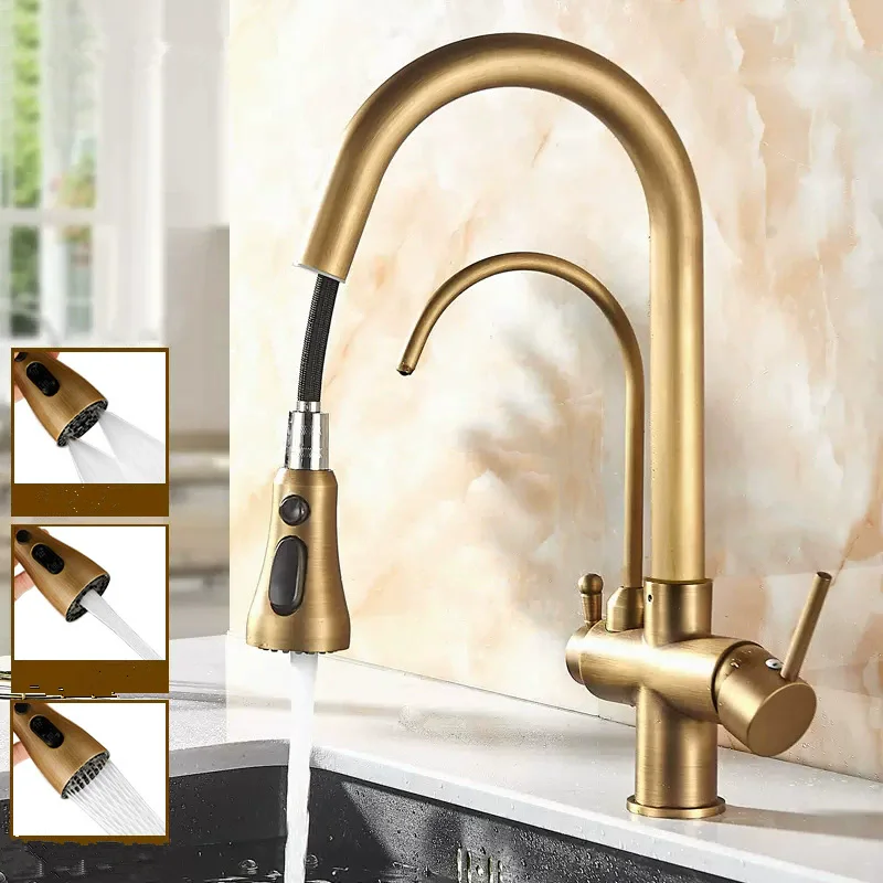 Antique Pull Out Kitchen Faucet Water Filter Tap Brass Crane For Kitchen Deck Mounted Sink Faucet Mixer 3 Way Kitchen Faucet