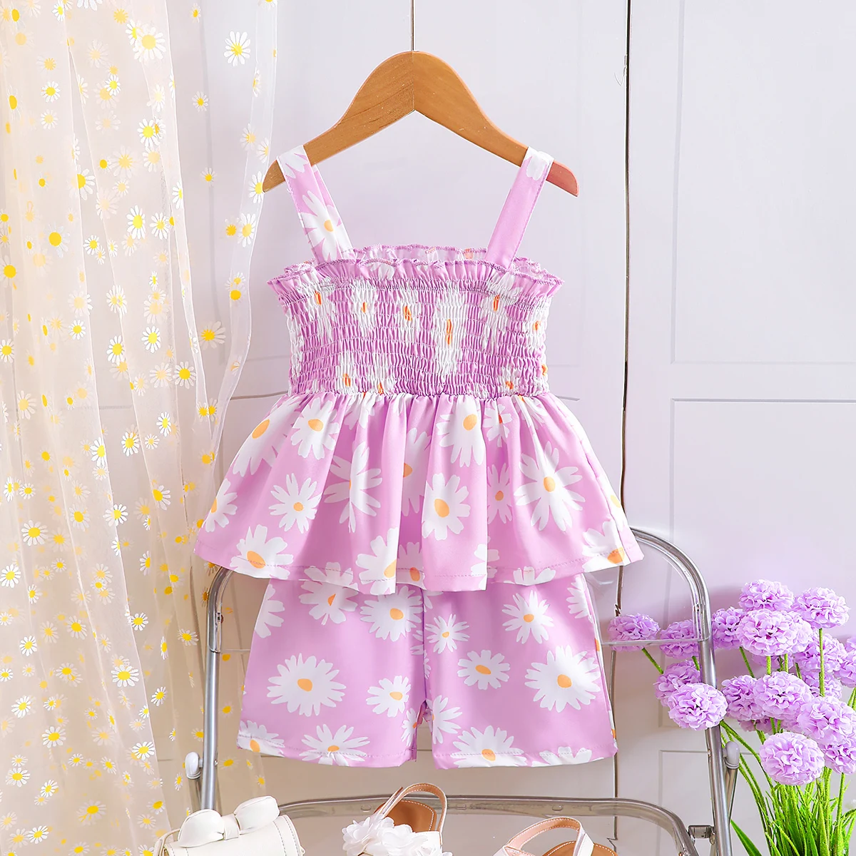 Kids Girl 2Pcs Outfit Small Daisy Print  Summer Sweet Cute Spaghetti Strap Top Shorts Set for 4-7 Years Children Clothing
