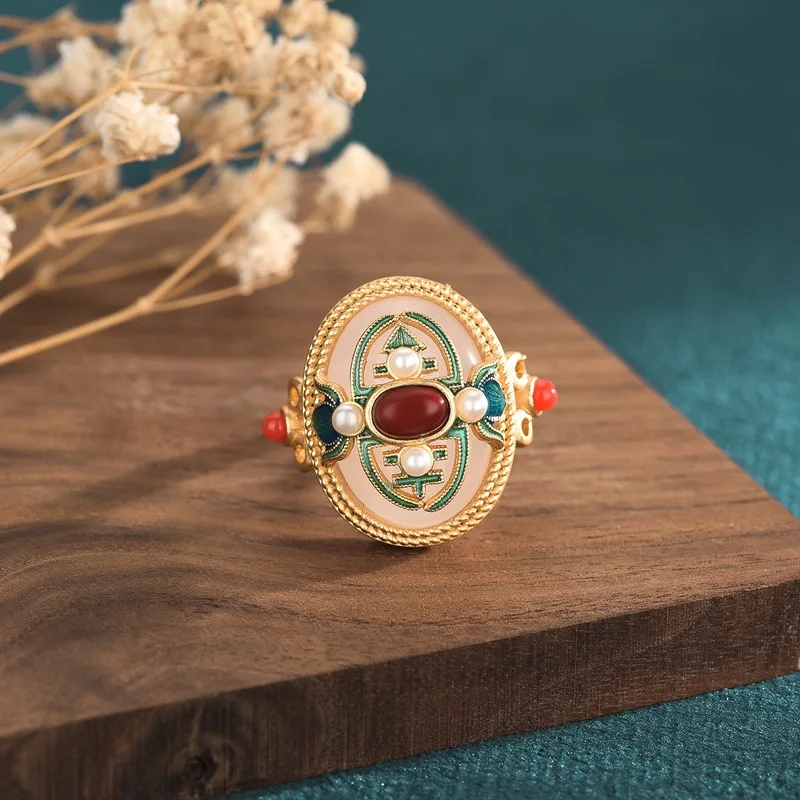 White Natural Jade Flower Rings Talismans Charm Vintage 18K Gold Plated Real Jewelry Carved Gemstone Luxury Adjustable Ring