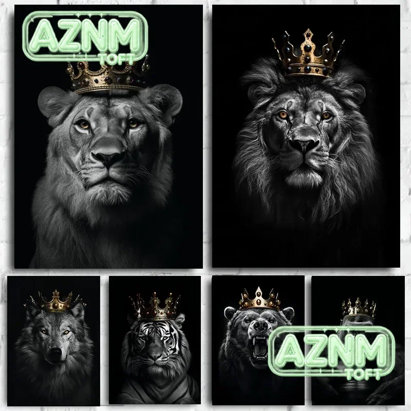 1pc Canvas painting  Animal Posters and Prints Lion King Tiger Wolf Eagle Bear with Crown Canvas Wall Painting Motivational P
