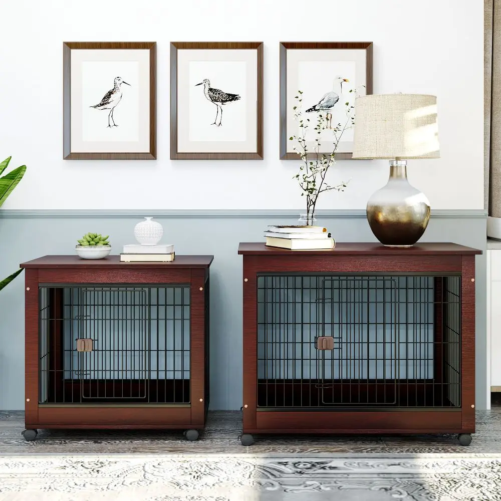 

31'' / 39'' Length Furniture Style Pet Dog Crate Cage End Table with Wooden Structure, Iron Wire & Lockable Caters, Indoor Use