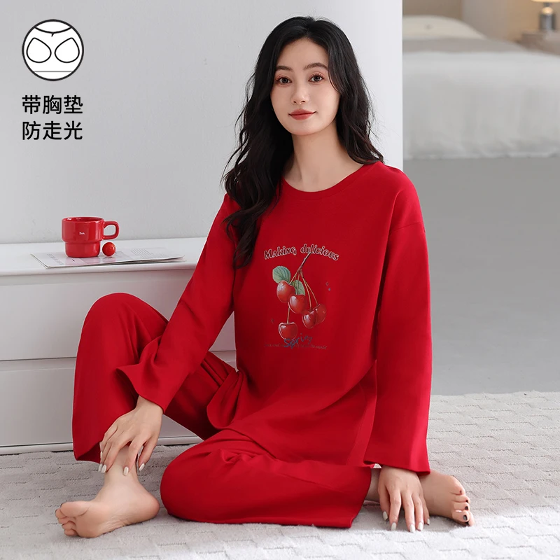 High Quality Spring and Autumn Women 100% Cotton Pyjamas Female Long Sleeve Sleepwear With Chest Pad
