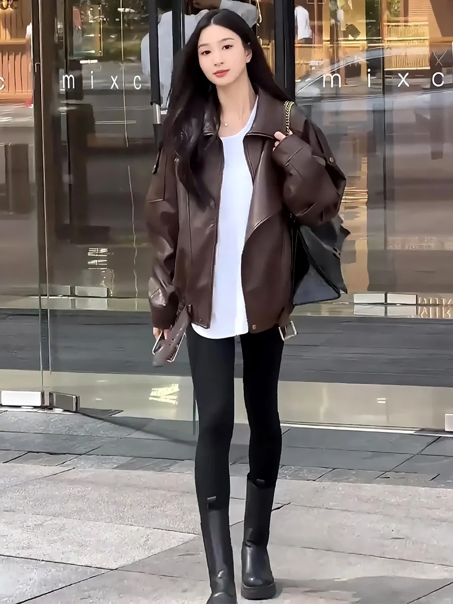 アメリカンレトロレザージャケット長袖スタンドカラーレディースコート不規則デザイン春の新作高級感