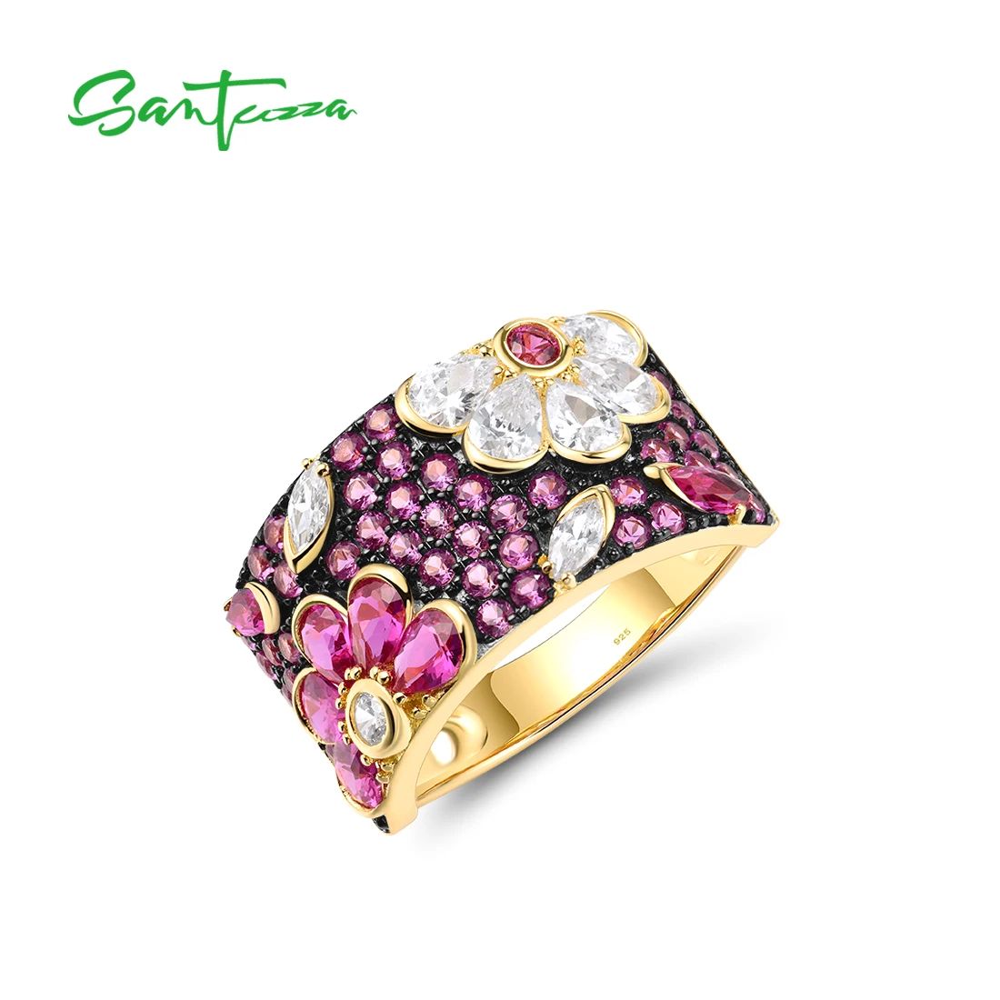 SANTUZZA Genuine 925 Sterling Silver Ring For Women Sparkling Black /Pink/Blue Spinel Colorful Flower Elegant Party Fine Jewelry