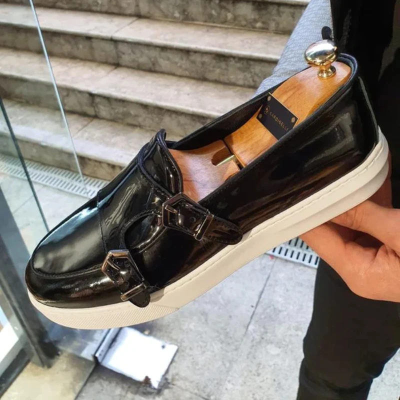 

Black Men's Vulcanize Shoes Patent Leather Slip-On White Double Buckle Monk Shoes Handmade Size 38-46 Mens Shoes