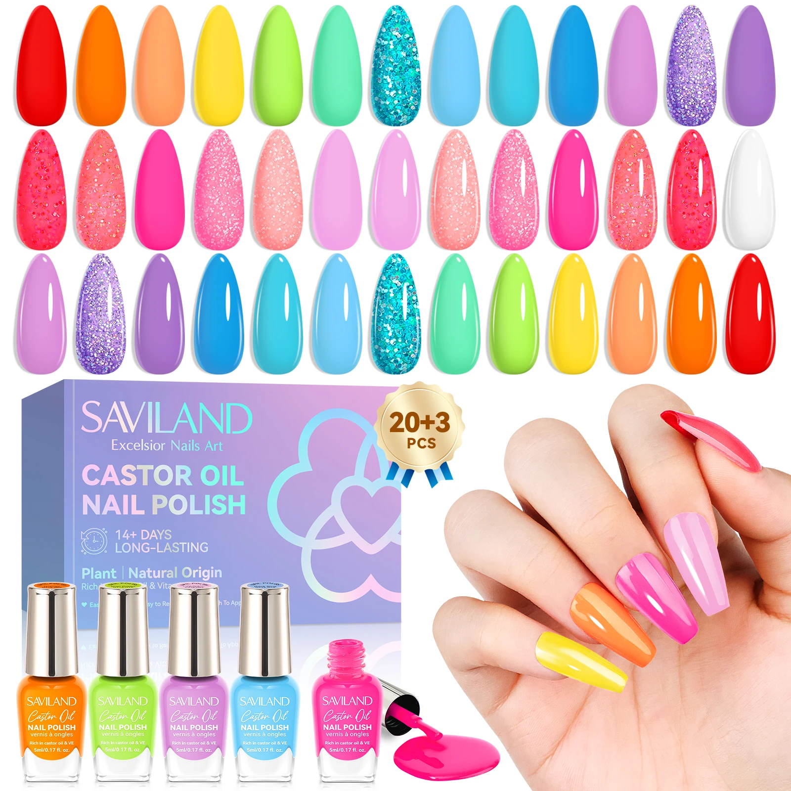 SAVILAND 20Pcs Fingernail Polish Set Neon Bright Colors Quick Dry Glitter Rainbow Nail Polish with Base Glossy Matte Top Polish