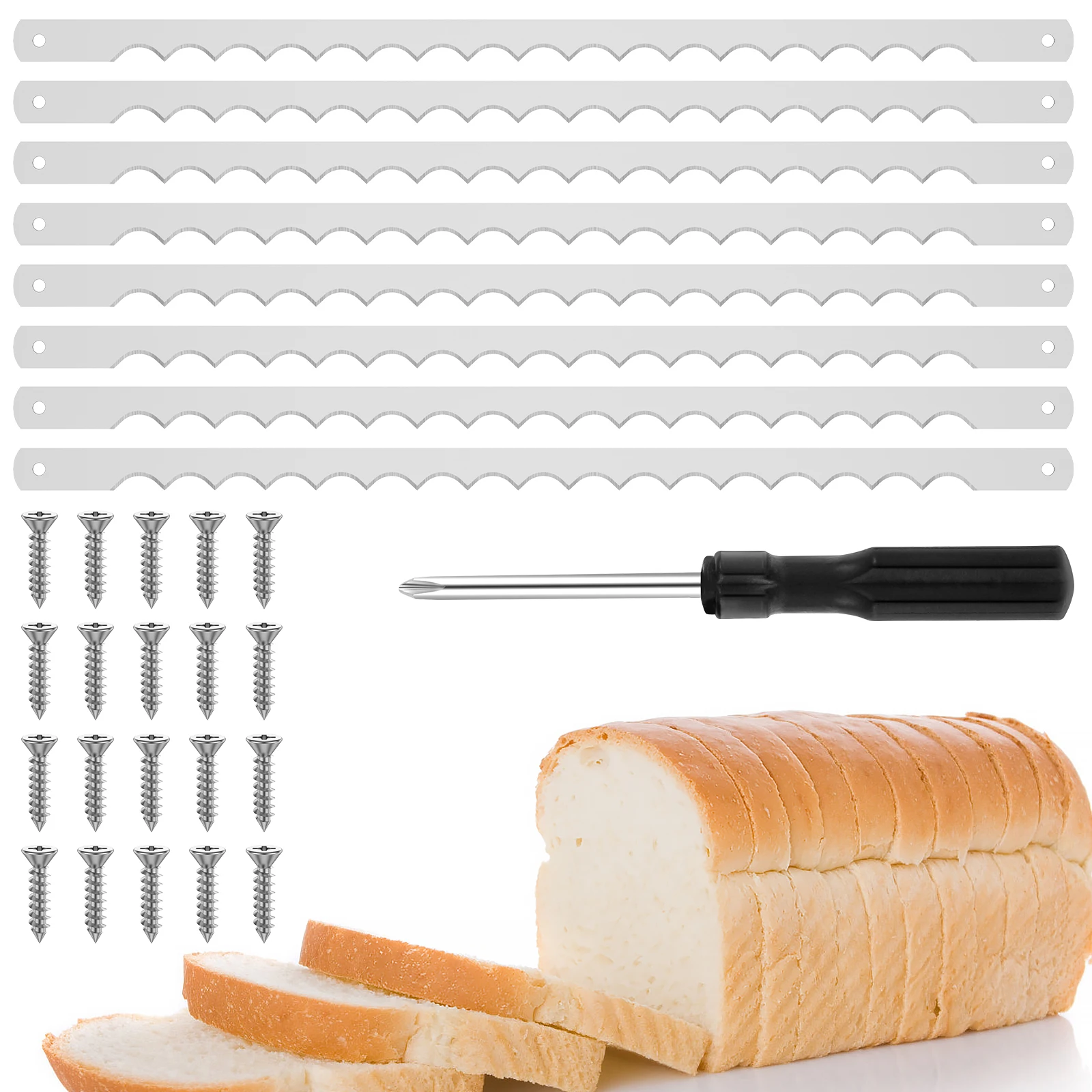 8Pcs Bread Bow Cutter Blades Stainless Steel Replacement Blade with Screws and Screwdriver 10.8×0.43 Inch Serrated Bread Blade