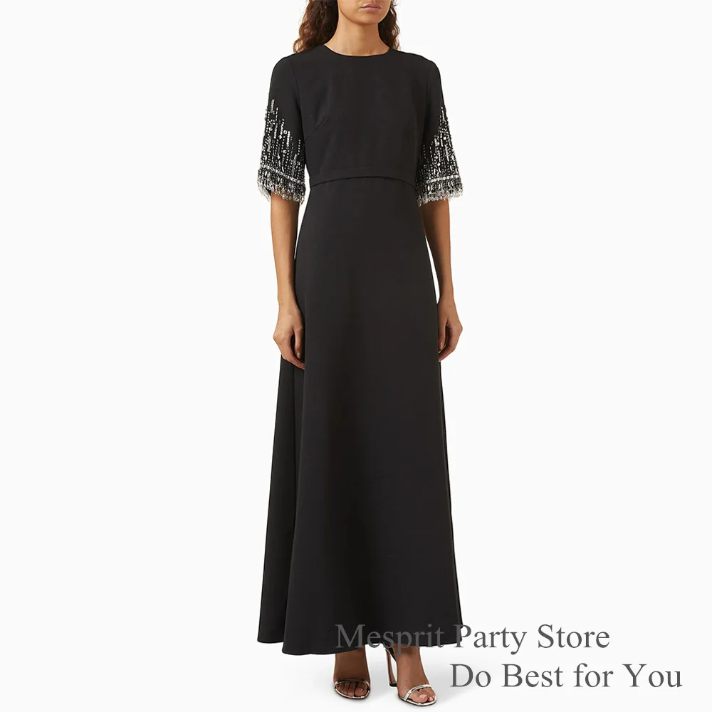 

Black Prom Dress Fashion Round Neck Beading Stone Customized Half Sleeves Arabian Woman Party Gown Wedding Guest Dresses