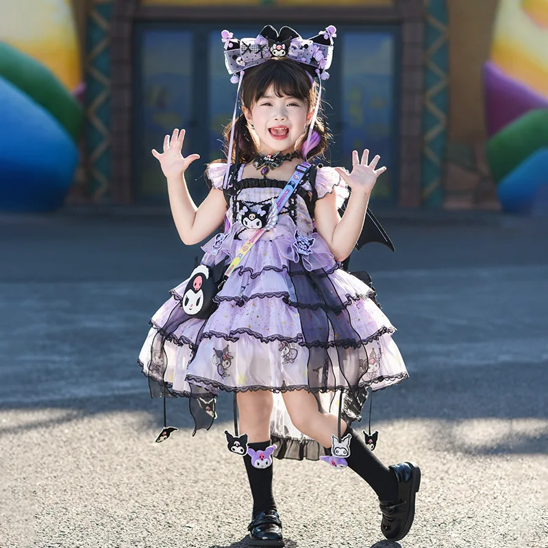 

Anime Kuromi Lolita Dress for Girls Vintage Ruffled Princess Costume with Bowknot Kids Layered Dress Sequin Decoration Ball Gown