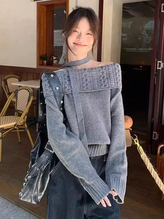 เสื้อสเวตเตอร์ไหมพรมแบบหลวมไหล่เดียวสำหรับผู้หญิง แขนยาว สไตล์ลำลอง แฟชั่นใหม่ล่าสุดสำหรับฤดูใบไม้ร่วง