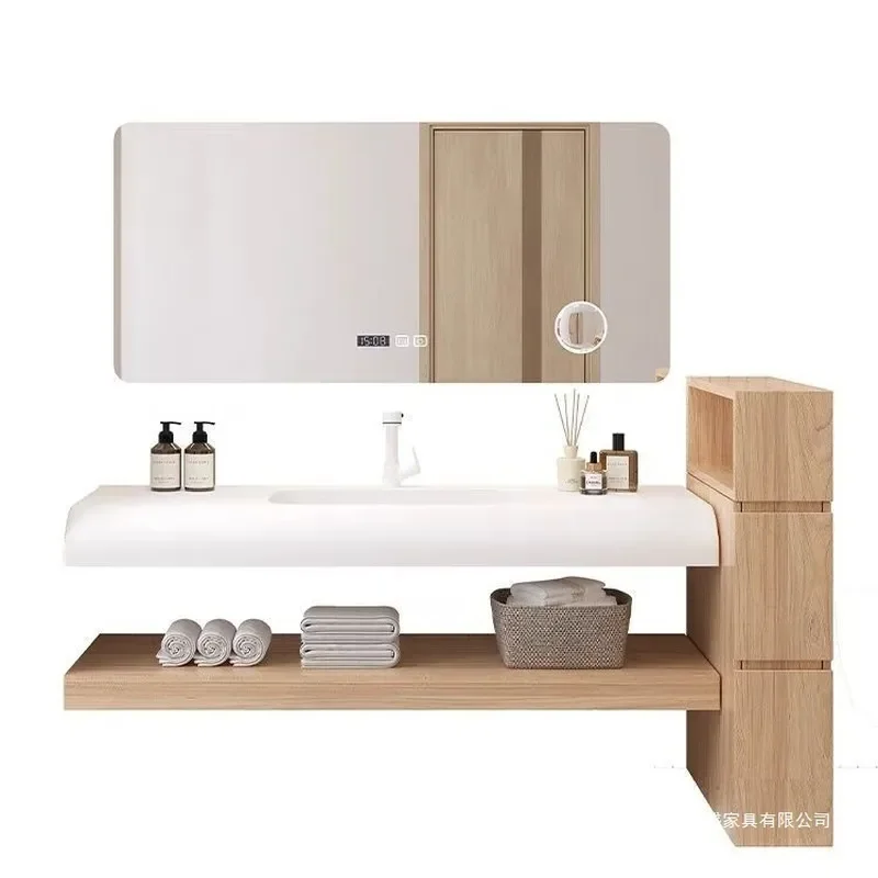 Japanese Style Log Color Bathroom Vanity with Smart Corian Integrated Sink Toilet Washstand Combo Cabinet