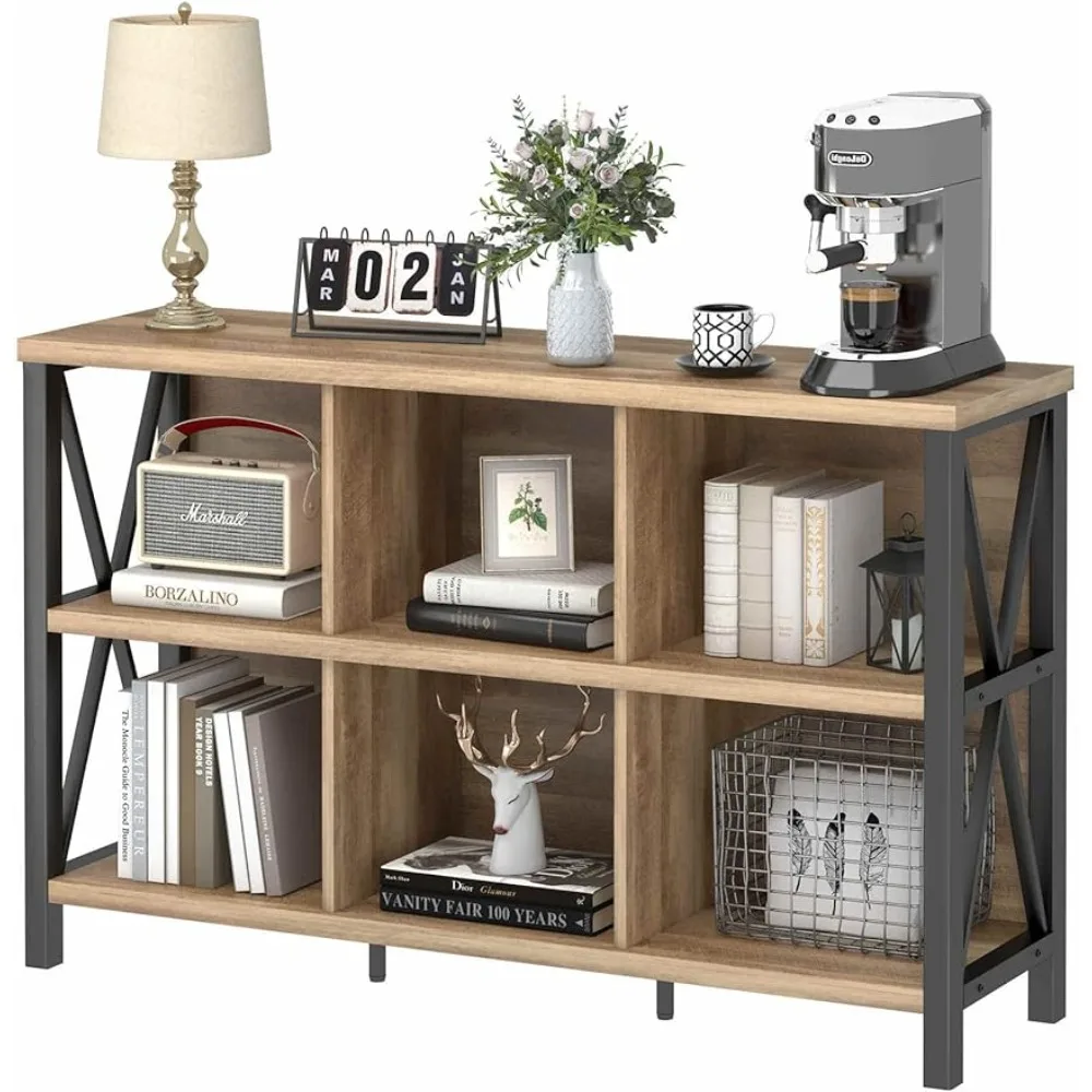 FATORRI 6 Cube Storage Organizer with Shelf, Long Wood and Metal Cubby Bookcase, Industrial Horizontal Bookshelf