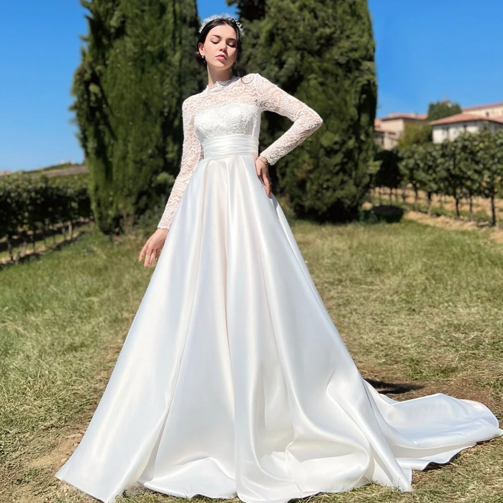 

Luxurious Long Sleeves Lace A Line Wedding Dresses High Waist Satn A Line Wedding Dresses Sweep Train Vestido De Noival