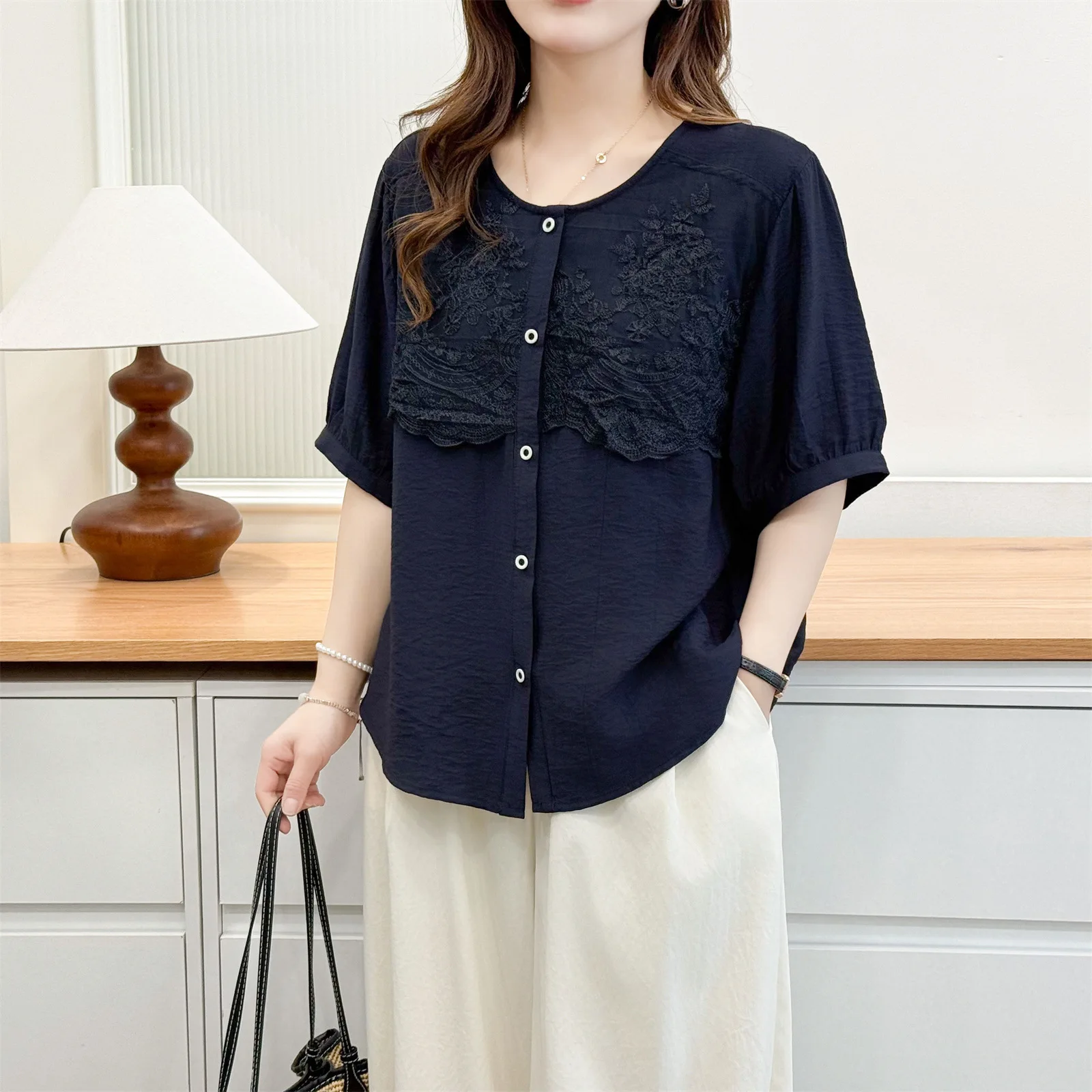 2026 Summer Plus Size Embroidery Spliced Open Blouse Round Neck Short Sleeve Elegant Daily Versatile Shirt Curvy Ladies 2620 view 3