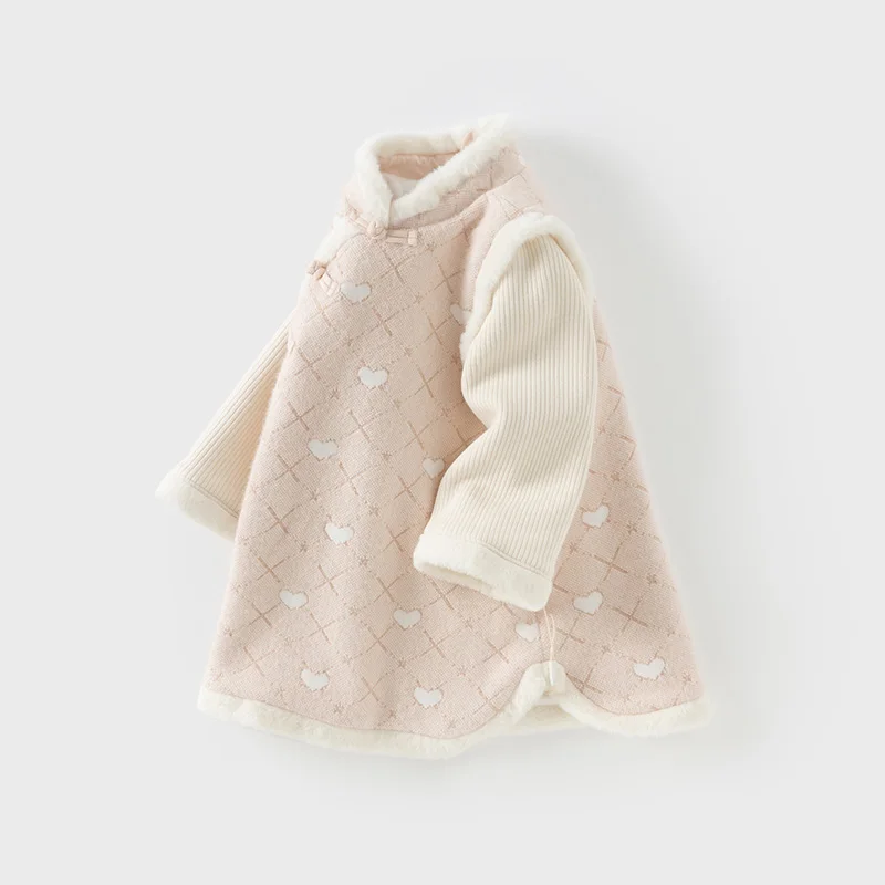 Dave Bella Princess Dress Girls Baby Children 2024 New Winter Sweet Cute Pink Fashion Long Sleeved Dress Warm Party DB4243681