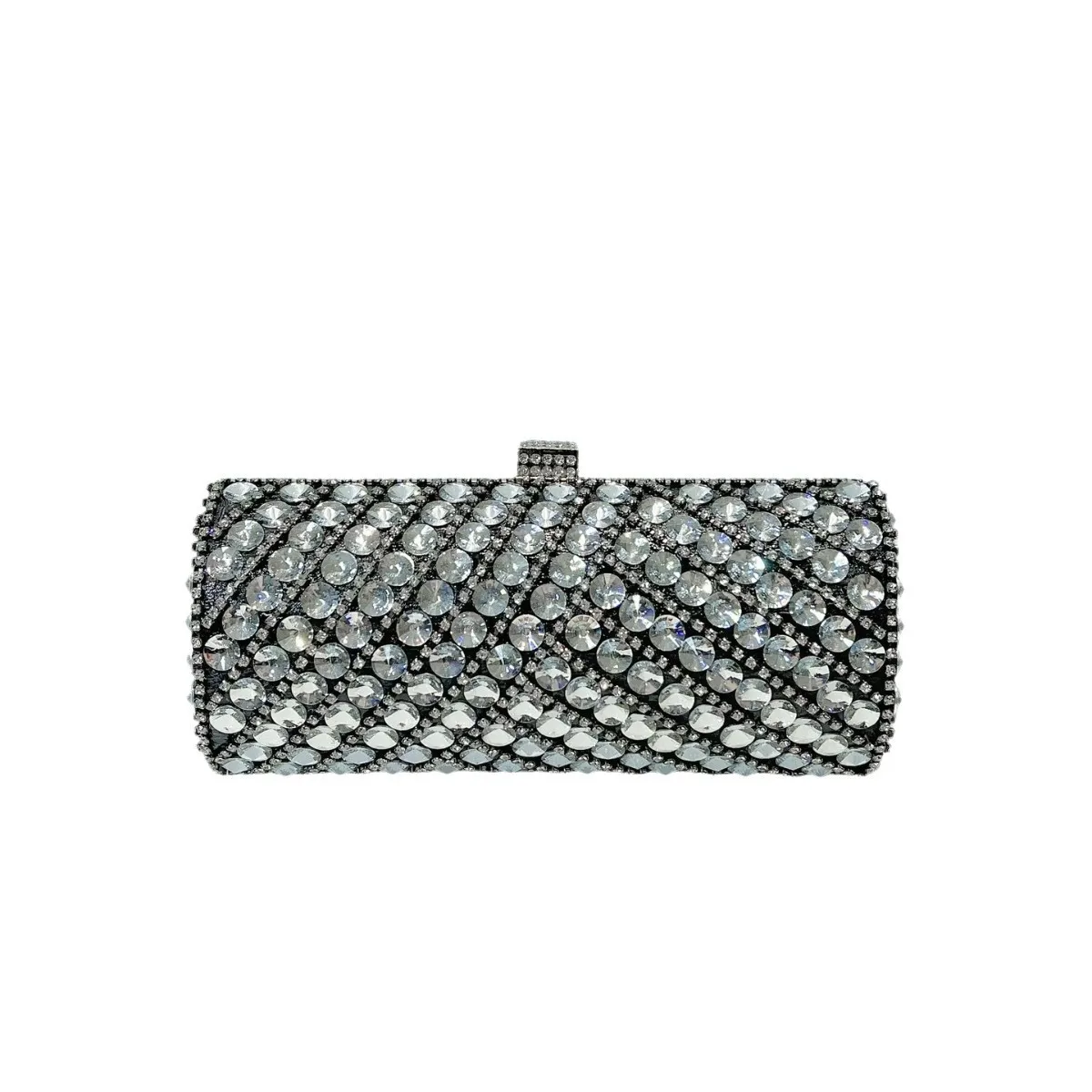 Full Silver White Mixed Oval Rhinestone Long Rectangle Lock Clutch Luxury Shiny Evening Bag Middle Aged Women Wedding Banquet