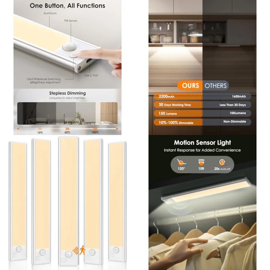 

5 Pack Under Cabinet Lights, Rechargeable Under Cabinet Lighting Wireless, Motion Sensor Light Indoor LED Closet Lights Upgrade