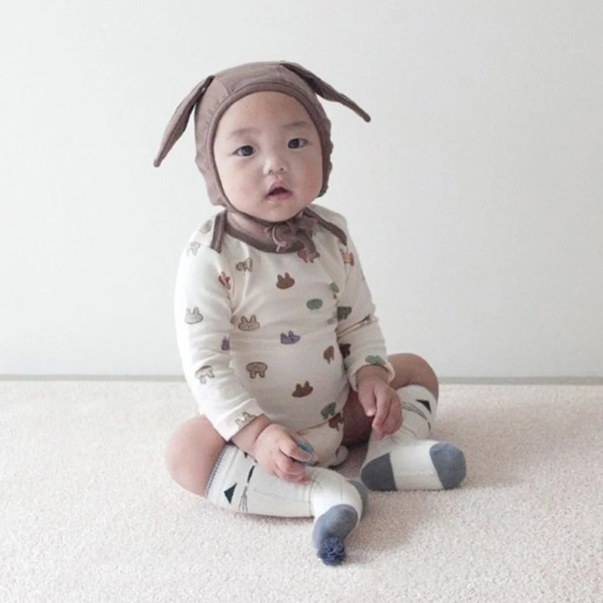 2025 Autumn New Baby Long Sleeve Cartoon Print Bodysuit + Rabbit Ears Hat Infant Boy Girl Cotton Jumpsuit Newborn Clothes 0-24M