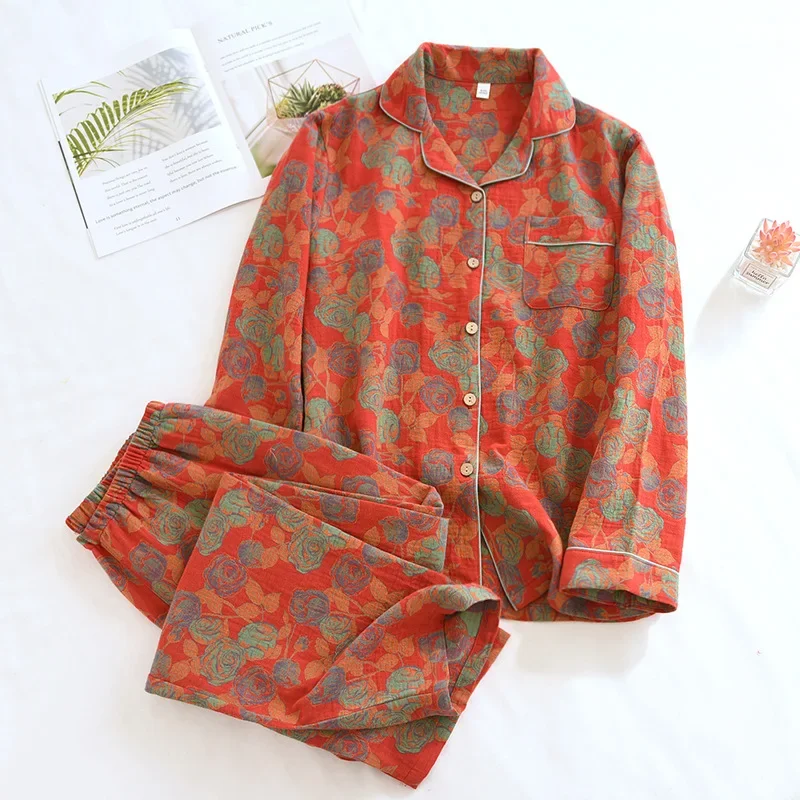 Dames Katoenen Dubbel Gaas Huis Kleding Retro Jacquard Lente Lange Mouwen Broek Pyjama Set Vest Geweven Bloemen Print Pak