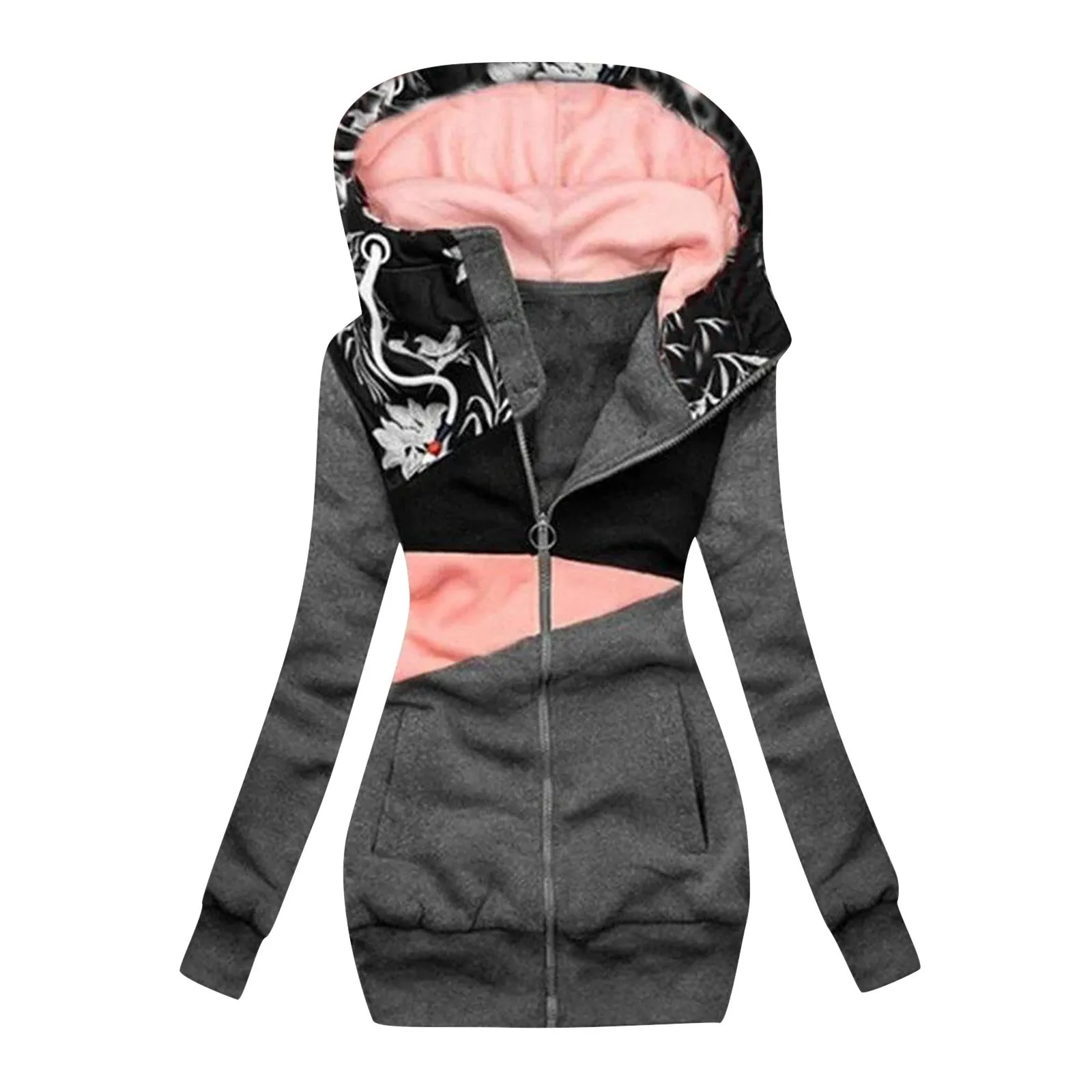 

Women Sweatshirt Color Block Printed Zipper Sweatshirt Hooded Coat Pullover Long Sleeve Jacket Patchwork Harajuku Sports Outfits