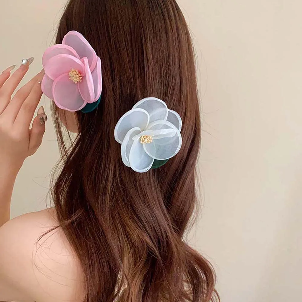 Korean Style Mesh Flower Hair Clip Vacation Headwear Duckbill Clip Mesh Flower Hairpin Headdress Female Hair Accessories