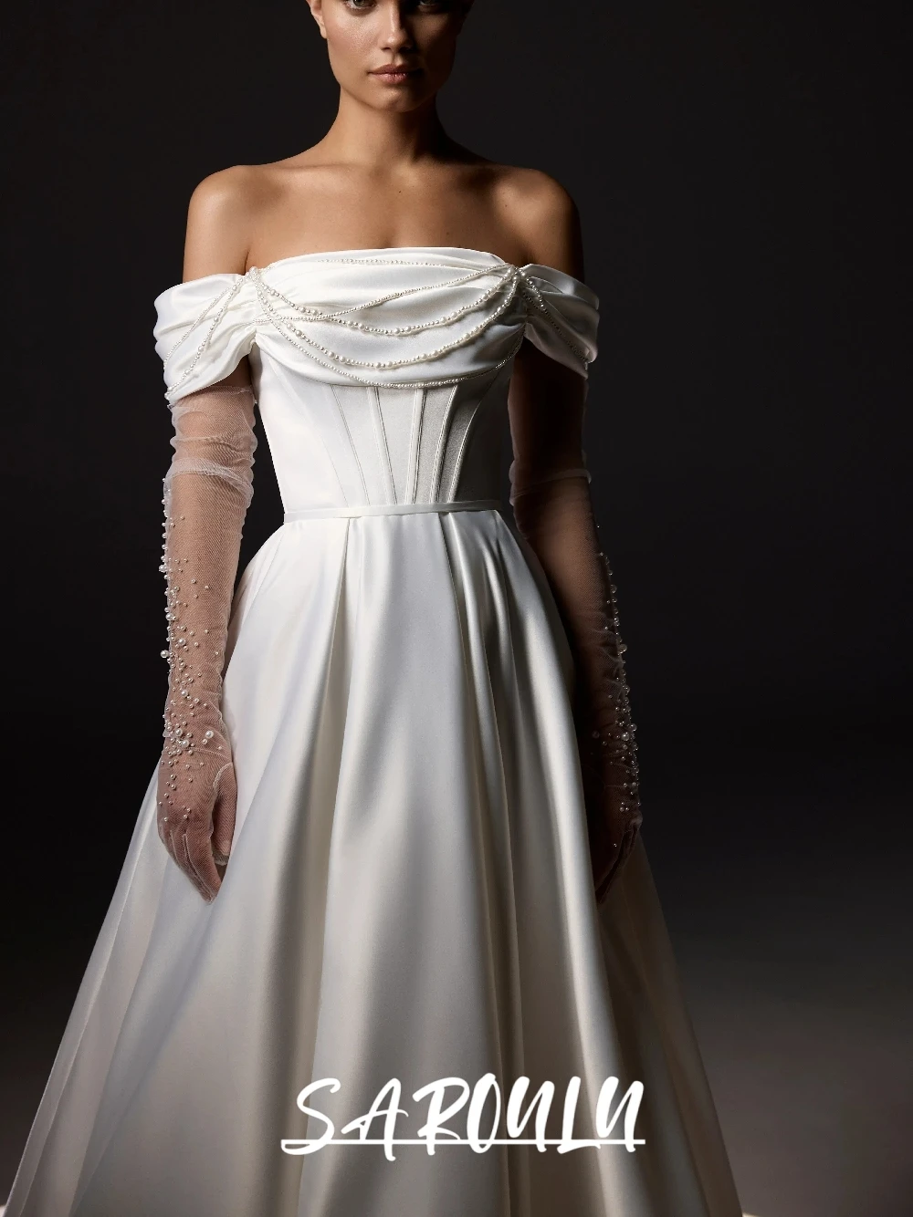 

Fashionable A Line Satin Wedding Dress Dreamy Pearls Customized Bridal Gown Romantic Off Shoulder Fitted Waist Bride Wear