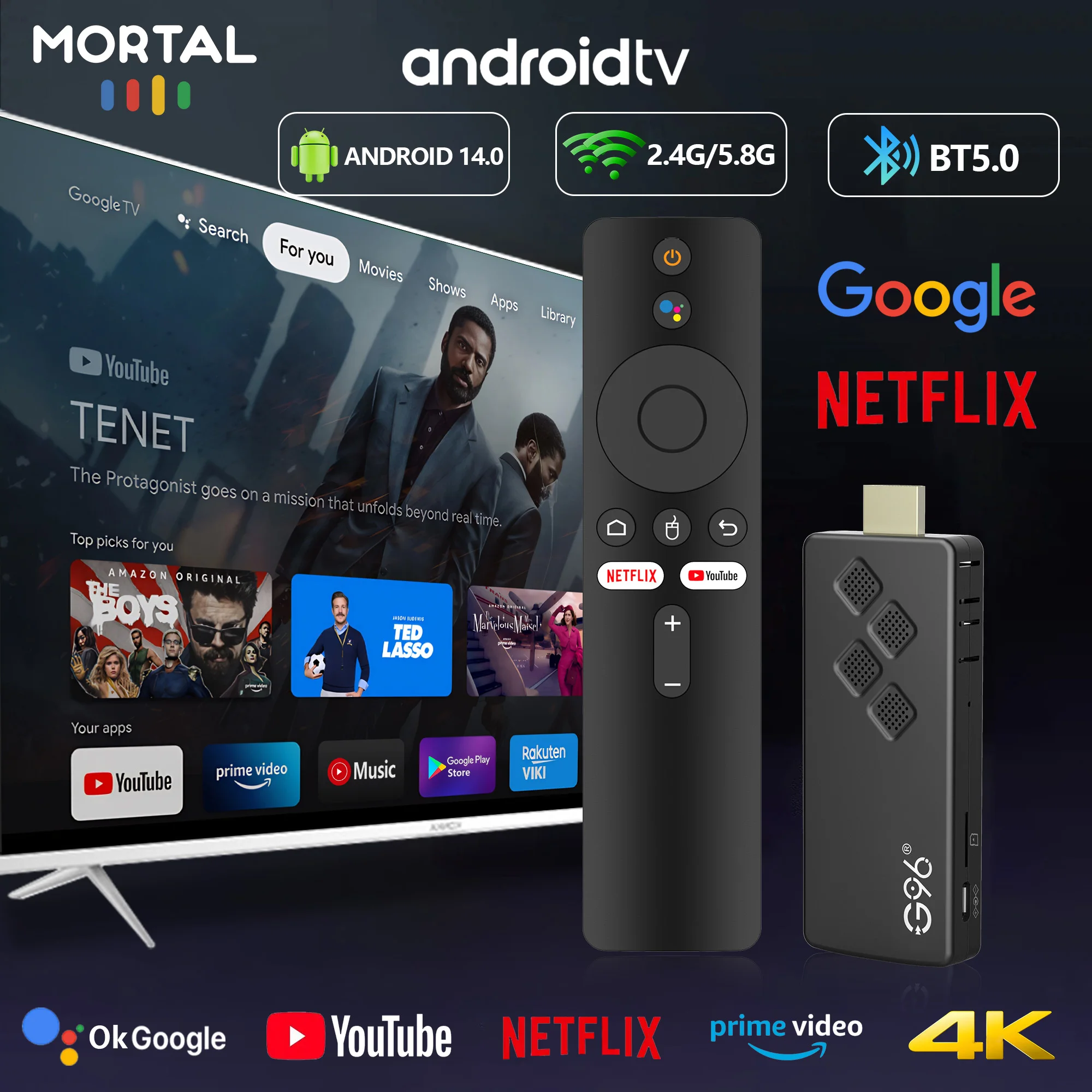 G96 TV Stick Smart TV Stick Q2 Android 14 Wifi BT5.0 Voice Remote Allwinner H313 4K HDR 10 NETFLIX Games Streaming Media Player