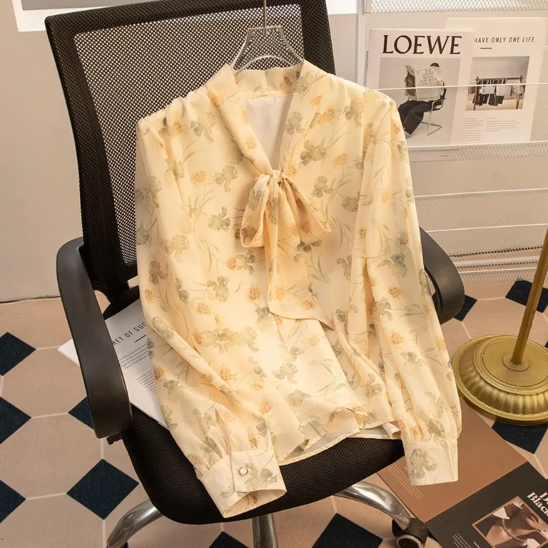Fashion 2024 Spring Summer New Chiffon Blouses Stand Collar Ruffles Drawstring Printed Ruched Button Long Sleeve Women\'s Shirts