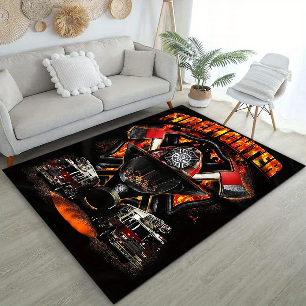 

Тематический коврик Fire Department — с пламенем и звездами, идеально подходит для декора гостиной или спальни, добавляет тепло и стиль