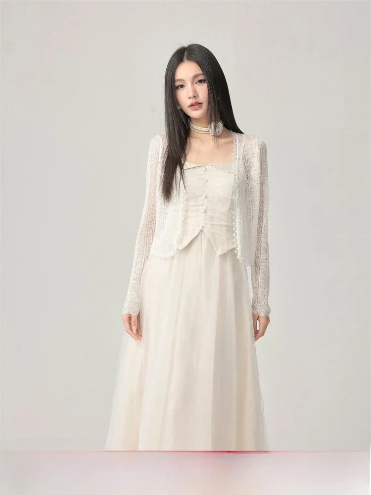 

Кардиган Chill Zoe с тонким кружевом и вырезами, весна 2024, модный, универсальный, легкий, с длинными рукавами, круглым вырезом, в нежном стиле