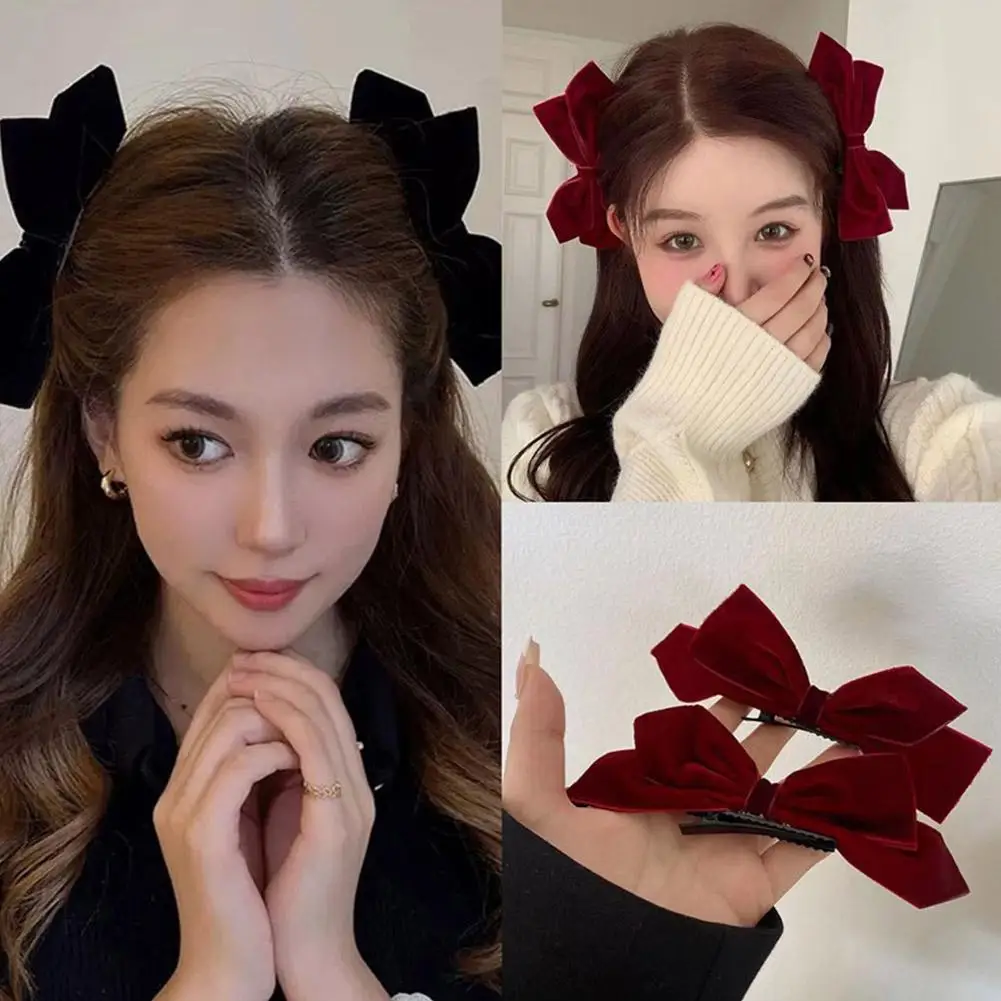 2Pcs Graceful Retro Black/Red Velvet Bow Clip Elegant Two-piece School Party Duckbill Clip For All Seasons Hair Accessories O5I3