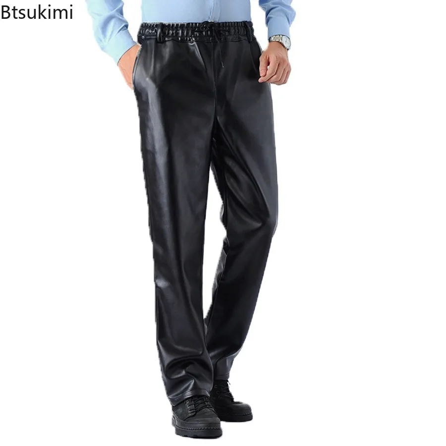 الخريف الشتاء الرجال رشاقته الصوف مبطن بنطال جلدي اليومية عادية الذكور بولي PU فو الجلود السراويل الرياح Poof الدافئة الرجال العمل السراويل