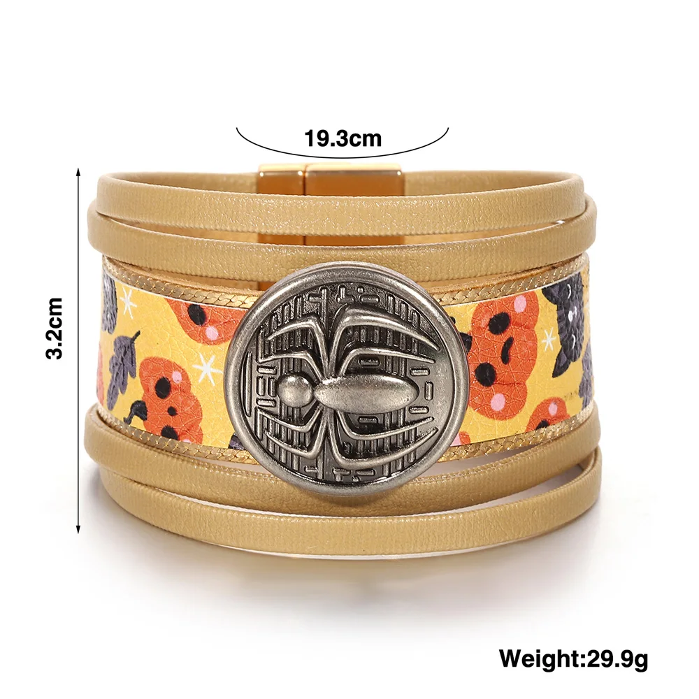 สร้อยข้อมือหนังสไตล์โกธิคสำหรับผู้หญิงและผู้ชาย ลายฟักทอง แมงมุม ผี หลายชั้น แบบพันรอบ สร้อยข้อมือกว้าง เครื่องประดับ