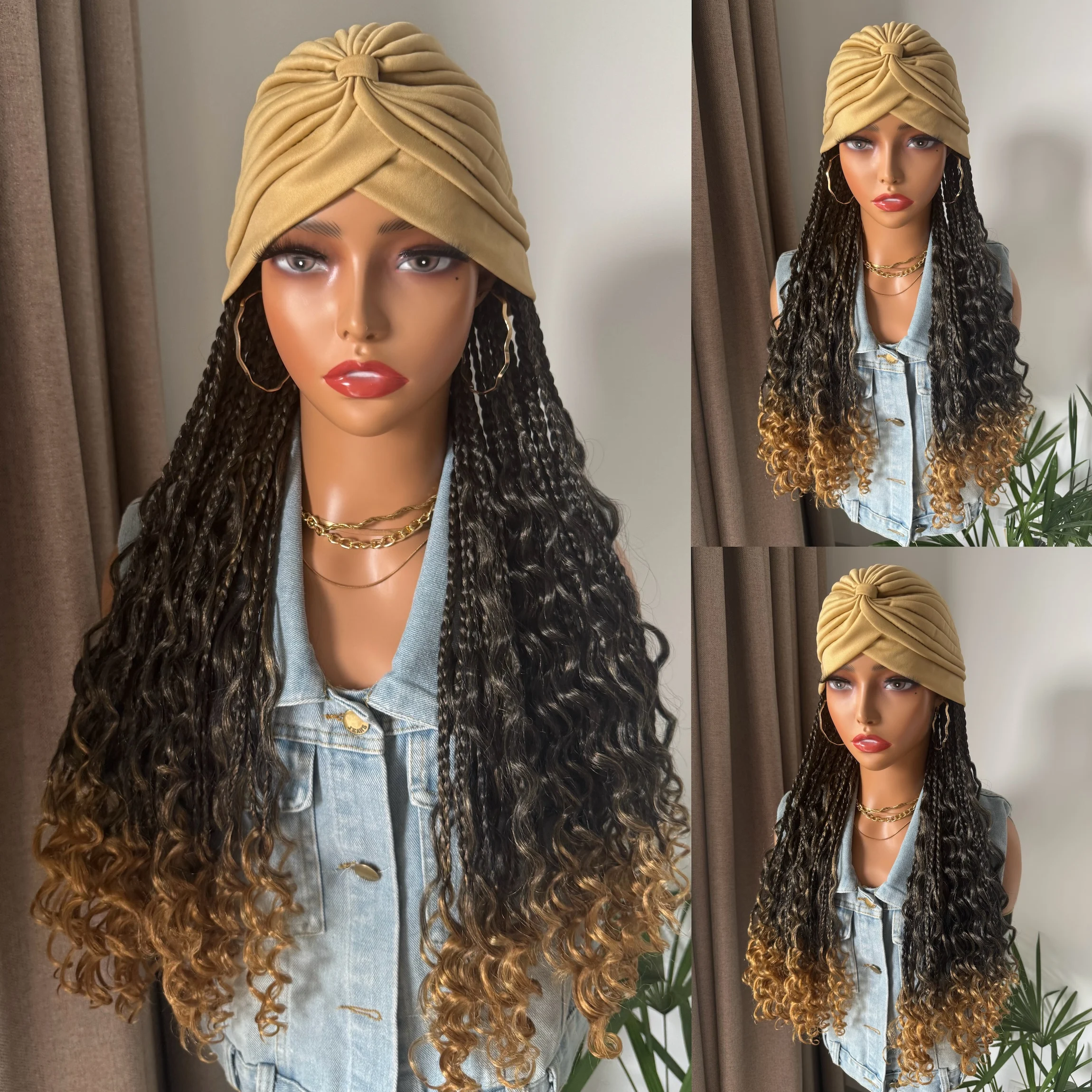 

WIGERA Ombre Black Blonde Gold Boho Box Braided Synthetic Headband Wig With Turban Hat Braiding Hair Extensions For Black Women